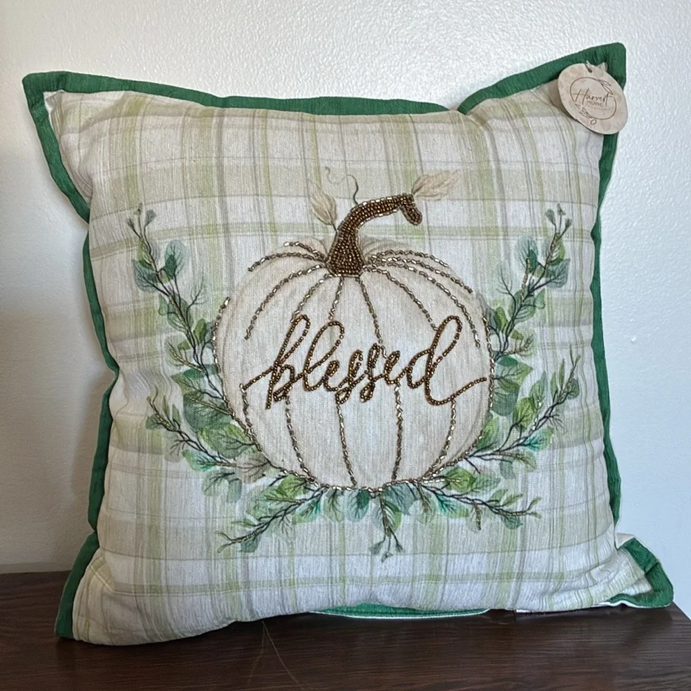 HP-NWT 16x16 Soft Green & Cream Plaid- Blessed Beaded Pumpkin Decorative Pillow